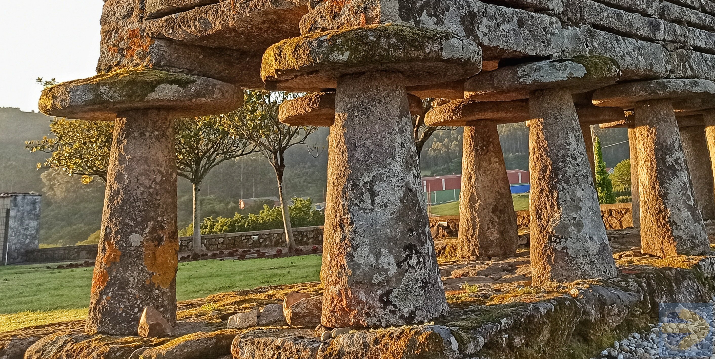 Hórreo legs in granite at sunrise, Dumbría