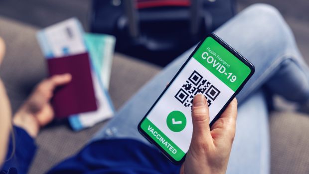 Mock-up of a digital health passport app. Under the EU system, fully vaccinated people holding EU Digital Covid Certificates, will be exempt from quarantines and travel curbs. Photograph: iStock 